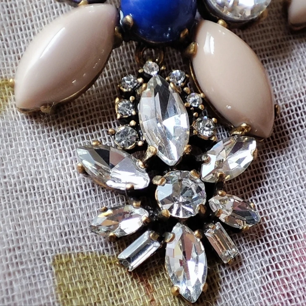 J. Crew Brand Sapphire Blue Opaque Cabachons Clear Rhinestones Pierced Earrings